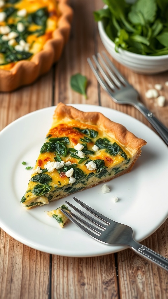 A slice of spinach and feta quiche on a plate with a fork, garnished with herbs, on a rustic table.